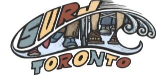 "SURJ Toronto" in block letters, alternating light blue, beige, and rust. Between the words SURJ and Toronto is a cartoon wave with the shoes of multiple people appearing to be seated.